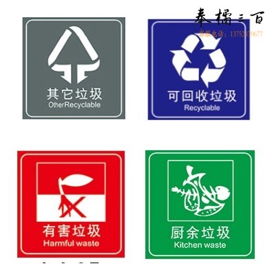 厨余垃圾，有害垃圾，可回收垃圾，其他垃圾警示贴     30*40    四张/套