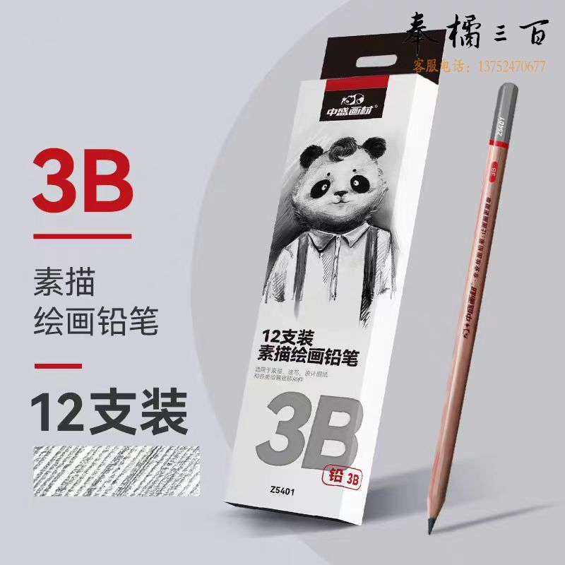中盛画材 3B铅笔素描专用绘画图写字铅笔六角笔杆 12支/盒