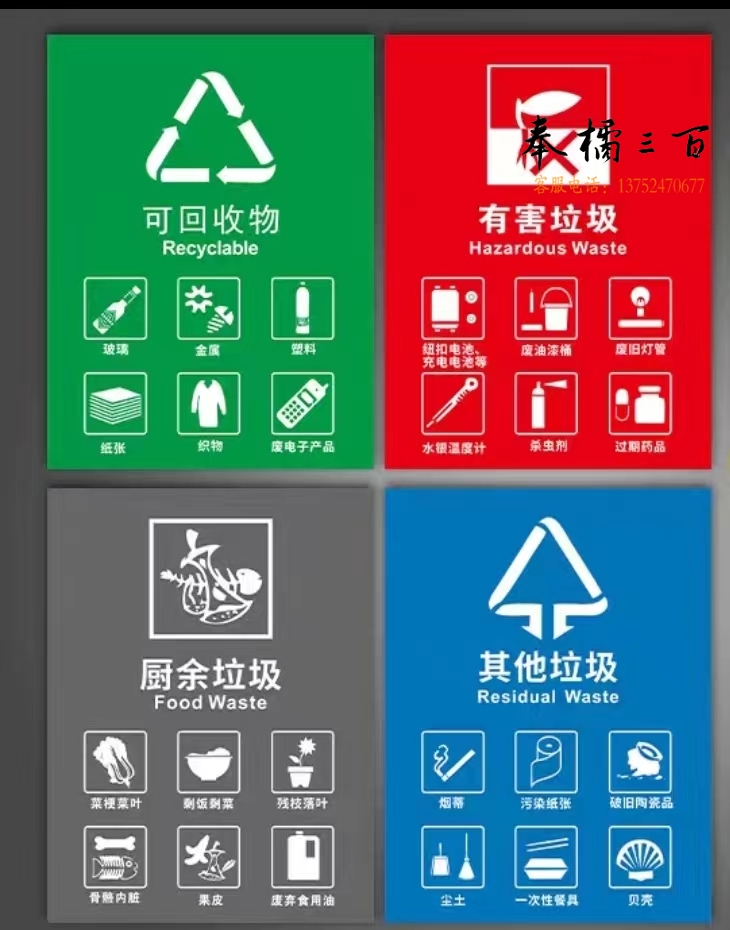 垃圾分类标识牌 不可回收标示贴 国标带图垃圾分类贴(4个/套) (尺寸20*30)