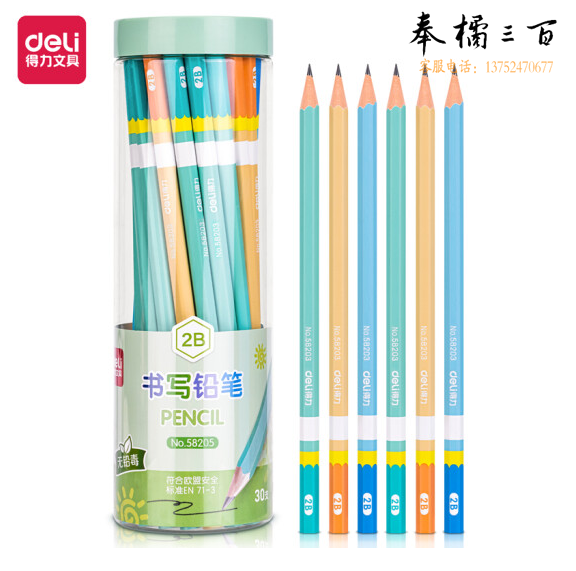 得力(deli)30支2B铅笔 六角杆清新彩色笔杆书写顺滑学生素描绘图铅笔 58205