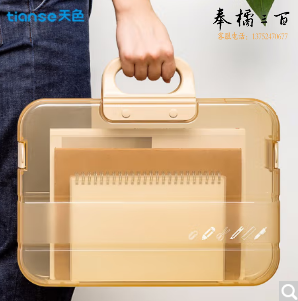 天色 手提文件夹资料盒档案包报告单子手提盒收纳册A4公文袋塑料透明防水文件盒 TS-310 卡其色