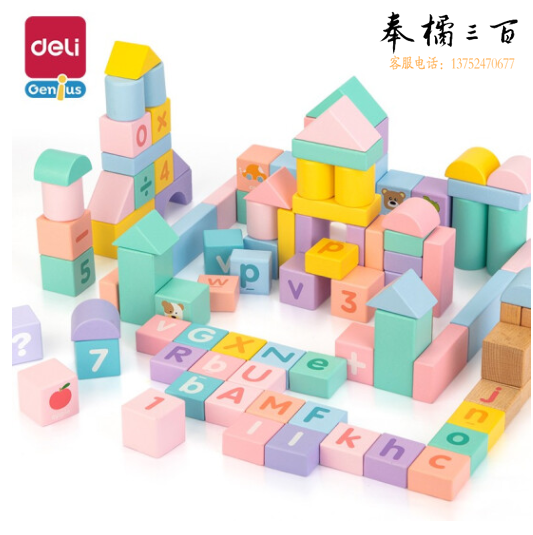 得力(deli)74524儿童100粒马卡龙色系木制积木玩具 男女孩大颗粒桶装积木玩具