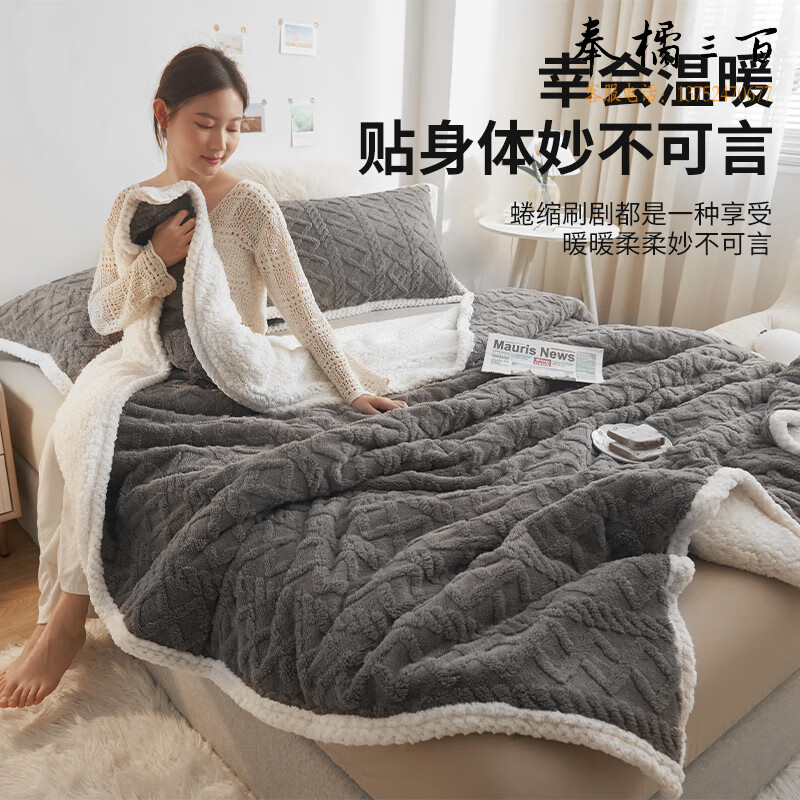 九洲鹿 双层加厚毛毯被子150*200cm塔肤绒仿羊羔绒保暖加绒拉舍尔午休毯珊瑚绒盖毯冬季铺床沙发毯子 高级灰