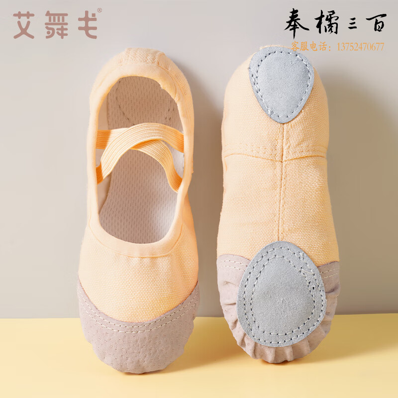 艾舞戈儿童舞蹈鞋女童芭蕾舞鞋体操鞋现代舞帆布练功鞋软底瑜伽猫爪鞋 肉色-免系带 34