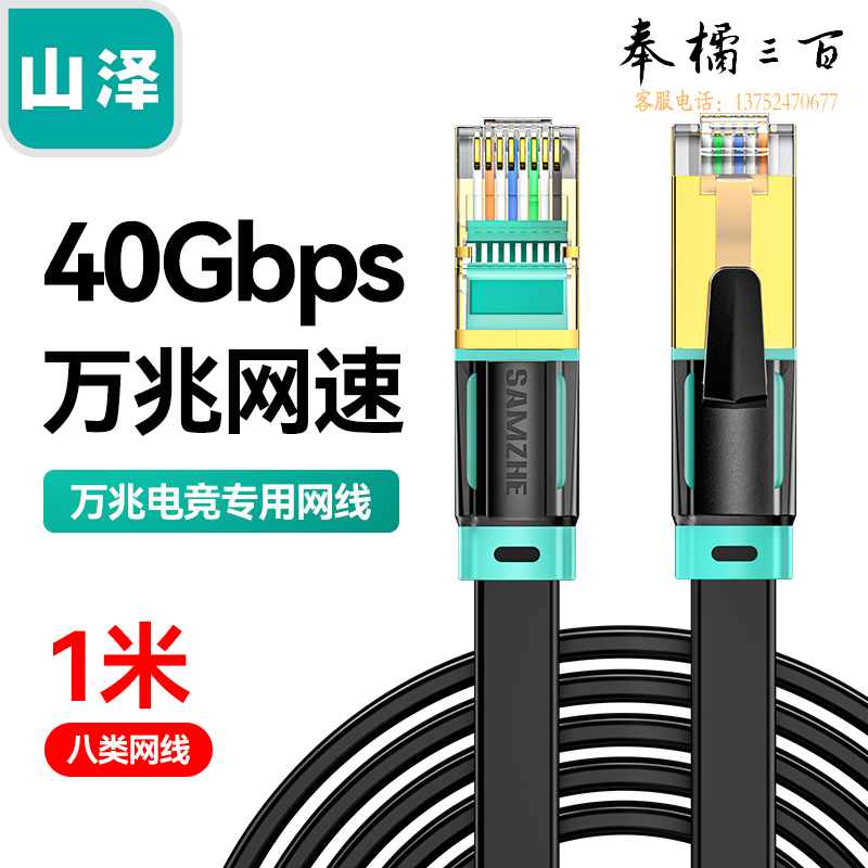 山泽八类万兆网线电竞级网络扁平跳线CAT8纯铜双屏蔽8芯双绞电脑宽带连接黑色1米 BX8010H
