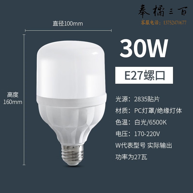 家用白光大功率超亮照明室内E27螺口工厂超市节能灯球泡 30W白光（钻石款）一只 E27螺口（直径约一元硬币大小） 彩色灯泡