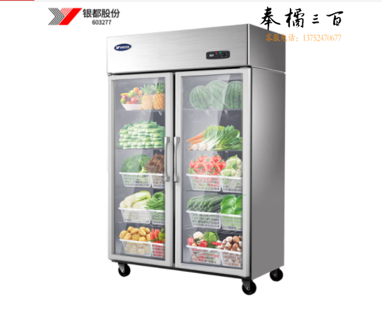 银都 BCL0623 商用冰柜透明双门保鲜柜冷藏展示柜点菜柜饮料陈列柜全铜管立式冰柜
