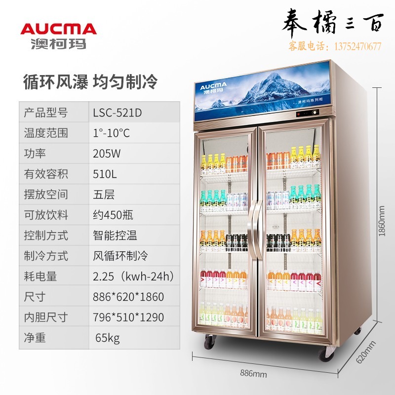澳柯玛 商用立式冷藏展示柜 双门饮料柜水果蔬菜啤酒鲜花酒店保鲜柜陈列柜内置风机 520L LSC-521D