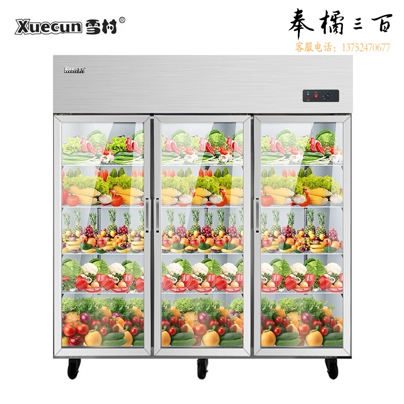 雪村 CFR-60B3T 1250L三开门冰箱商用 冷藏展示柜 水果蔬菜串串啤酒饮料保鲜冷柜 透明玻璃