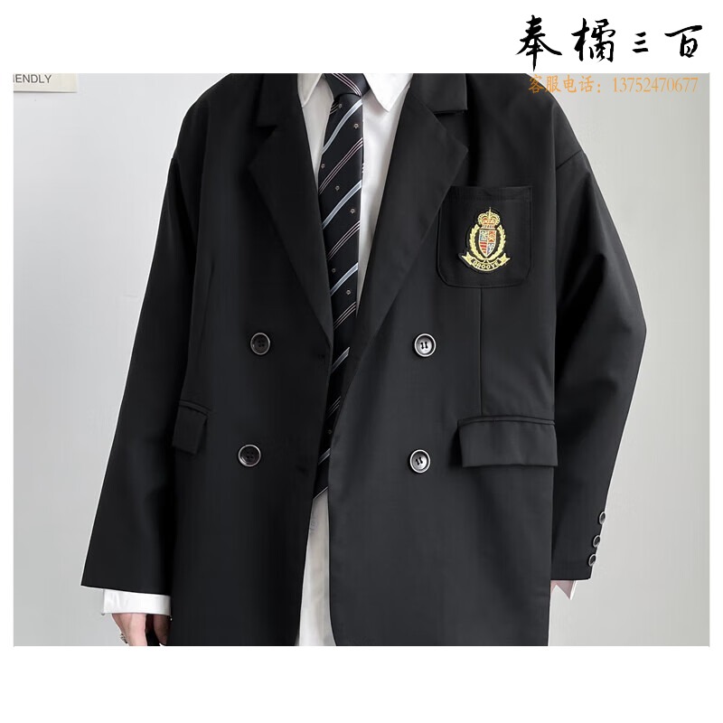舞之美 制服男西服高中毕业三件套学院风休闲学生情侣小西装jk宽松外套 黑色西服[单件装] 黑色带 S 70-90斤