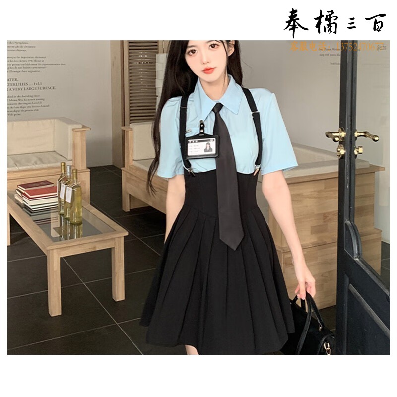 X jk制服大码胖妹妹显瘦领带衬衫收腰背带裙学院风高腰气质连衣裙 上衣+领带[单件] M[建议80-100斤]