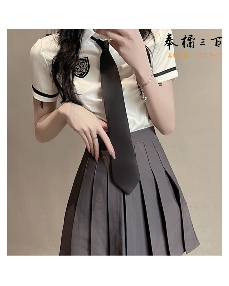 JOEM jk制服套装大码学生胖mm洋气女装夏季短袖英伦高腰显瘦气质裙子 白色衬衣 领带 S码 独特上衣超好看