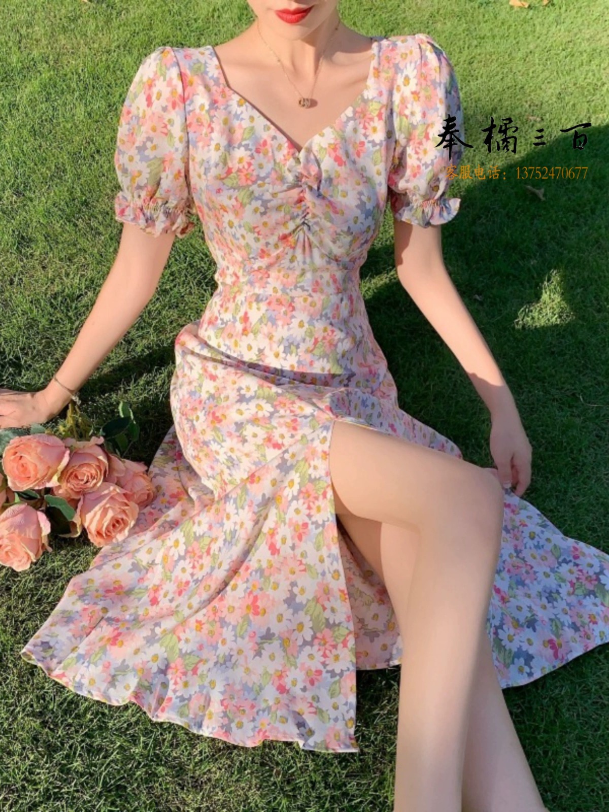 2024夏季法式大码穿搭胖女辣妹泡泡袖碎花连衣裙子假套装长裙茶歇