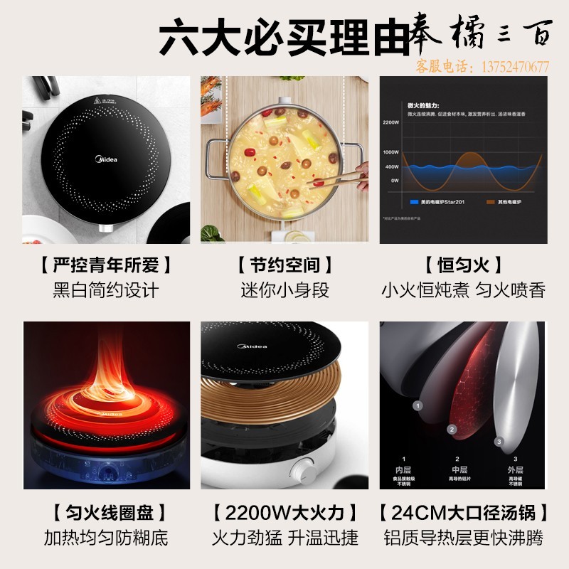 美的（Midea）电磁炉 家用2200W大功率 电磁灶 恒匀火 智能断电 旋控调节火力 C22-RX22H