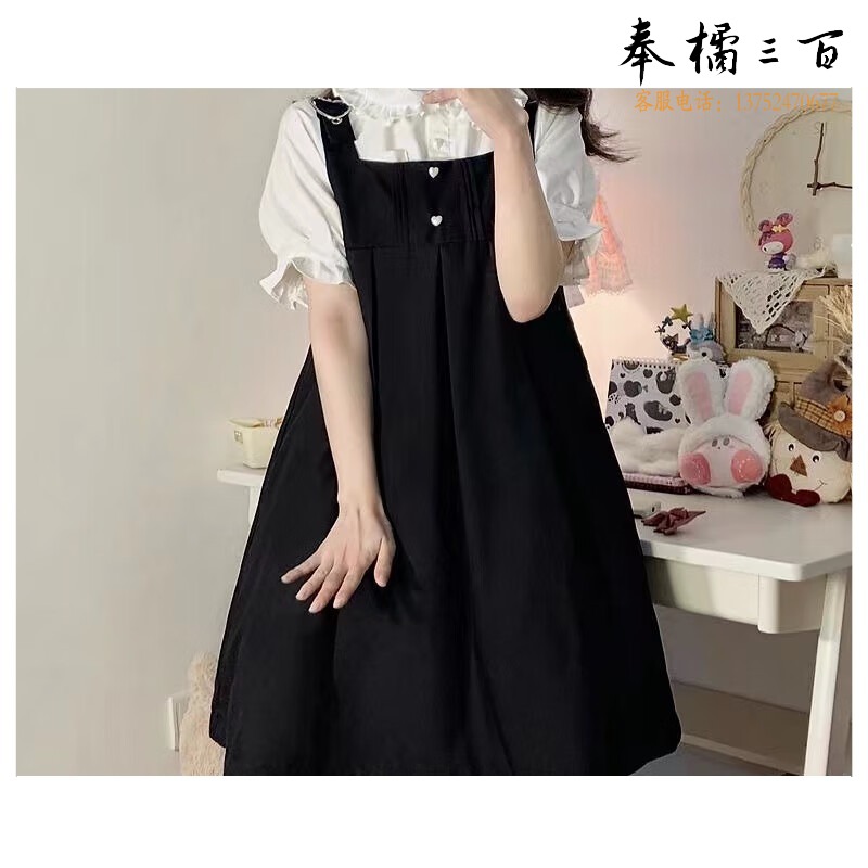 JOEM 学生背带制服连衣裙日系少女2023夏季新款宽松百搭可爱淑女裙子 黑色背带裙+短袖衬衫+领结 [套 XL 建议115-125斤