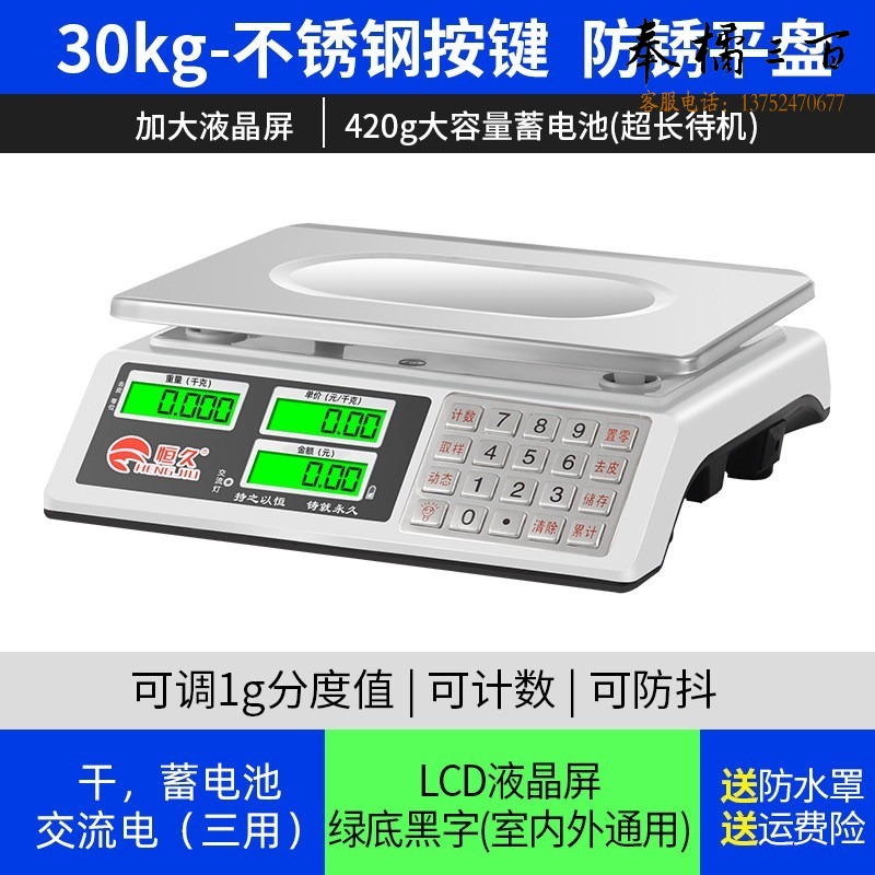 力辰 柒壹零恒久电子秤商用小型精准电子称卖菜称重30K计价厨房公斤台秤 升级防摔材料-大屏-钢键-液晶-平盘(室内外通用) 教学仪器