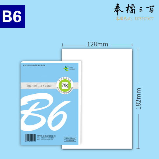 B6打印纸 70g 128*182mm   500张/包  货号：ZF