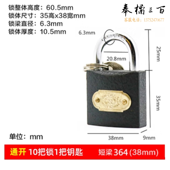  挂锁  互开锁  通开锁  38mm  10把锁配1把钥匙  单位：把