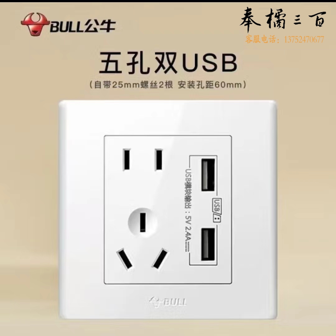 公牛五孔 双USB插座 白