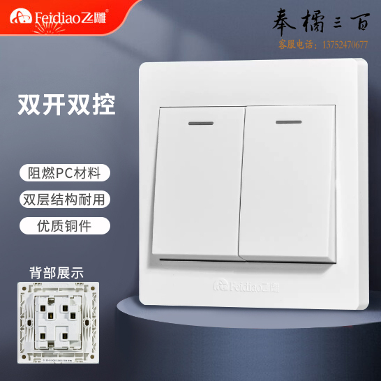 飞雕 双开双控 86型墙壁开关E5-A 白色  二开二控面板开关