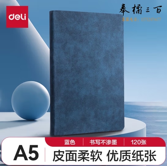 得力(deli)A5/120张羊巴皮记事本 加厚复古日记本皮面本笔记本 蓝色 3340