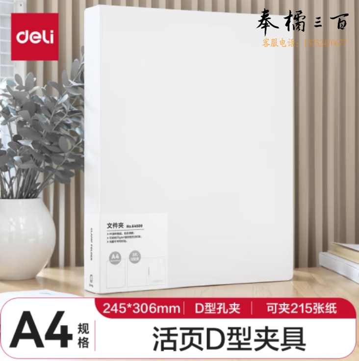  得力(deli)A4两孔D型透明文件夹 30mm夹具PP活页打孔文件夹(透明)64509
