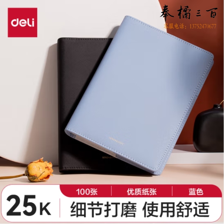 得力(deli)25K100张活页笔记本 莫兰迪色系商务记事本皮面本210mm*145mm 蓝色22287