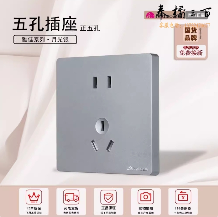 飞雕 五孔插座  墙壁面板插座 86型 10A墙壁插座 暗装插座 雅佳灰