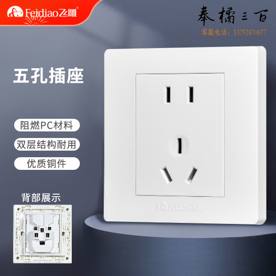飞雕 五孔插座 86型墙壁插座E5-A白色墙壁插座10A 二三插座