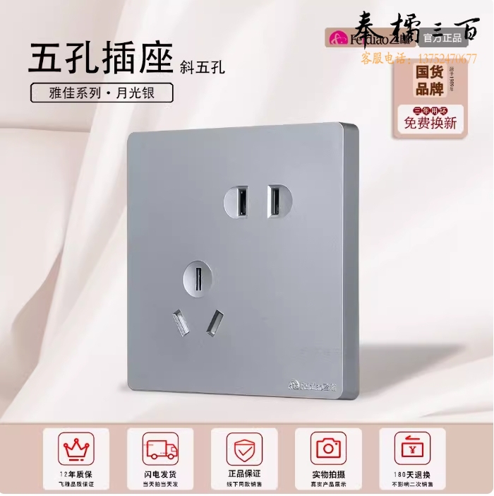 飞雕 斜五孔插座 墙壁错位插座 86型 10A墙壁插座 暗装插座 雅佳灰