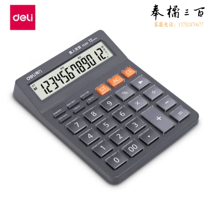 得力 12位显示语音计算器 水晶按键计算器  灰TE201