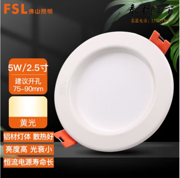 佛山照明 5W2.5寸 筒灯LED玄关防雾灯吊顶天花灯黄光3000K