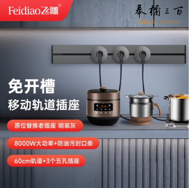 飞雕 轨道插座 壁挂式/插线板/60cm导轨+3个5孔插座适配器（其他规格咨询客服）