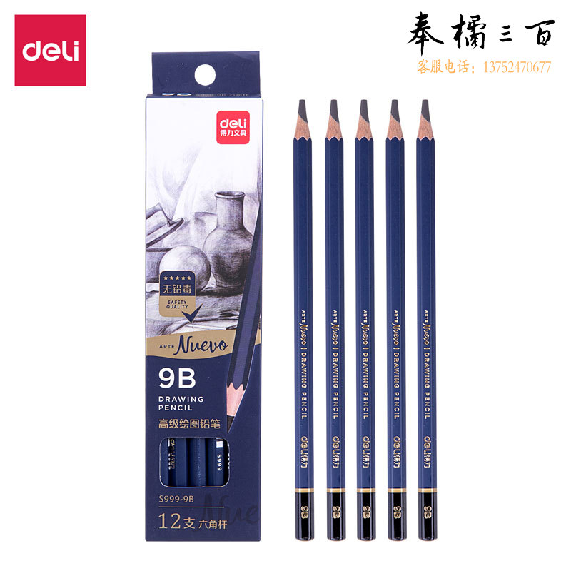 得力S999-9B_高级绘图铅笔12支彩盒装9B(蓝)(12支/盒)