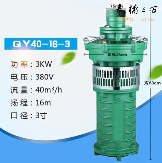 上海人民 油浸泵 潜水泵 三相380V水泵 国标 3KW40吨16米3寸 货号：JC