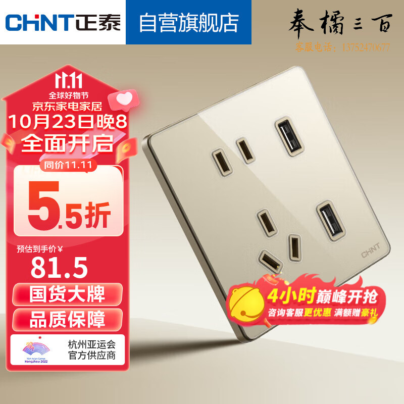 正泰（CHNT）开关插座墙壁面板3LD系列纤薄玻璃大板 双USB+五孔插座 流光金 规格齐全 团购或购买其它型号请咨询客服