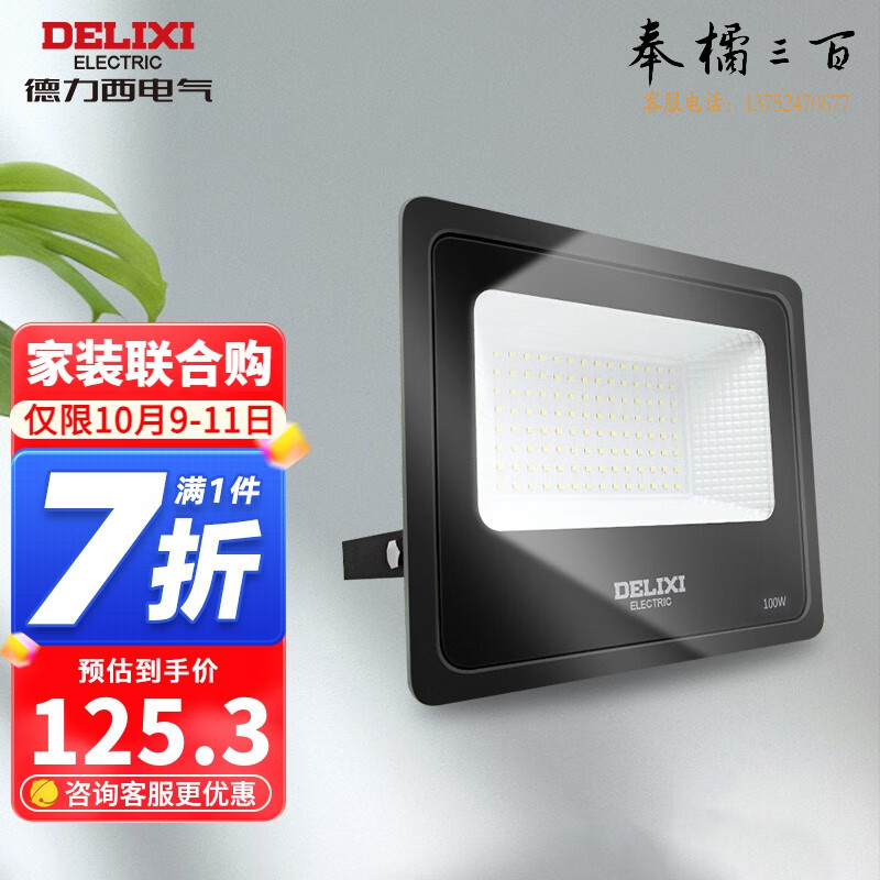 德力西（DELIXI） LED投光灯 户外灯IP65防水 庭院灯室外灯 照明灯厂房天棚路灯 100W-6500K冷白光 规格齐全 团购或购买其它型号请咨询客服开关插座