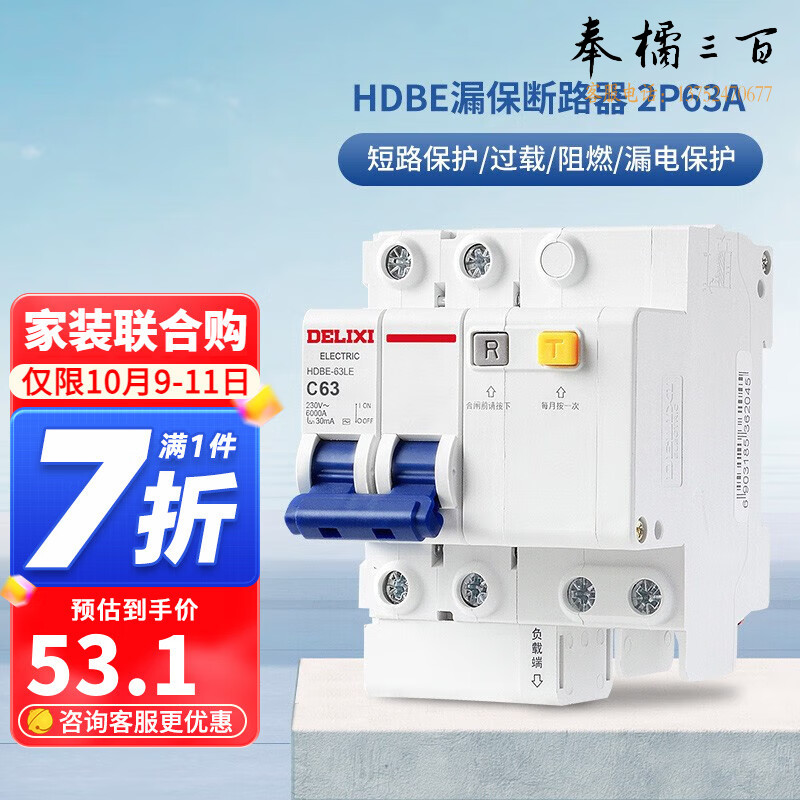 德力西（DELIXI） 空气开关HDBE 系列2P家用空开带漏保小型漏电保护断路器 2P63A 规格齐全 团购或购买其它型号请咨询客服开关插座