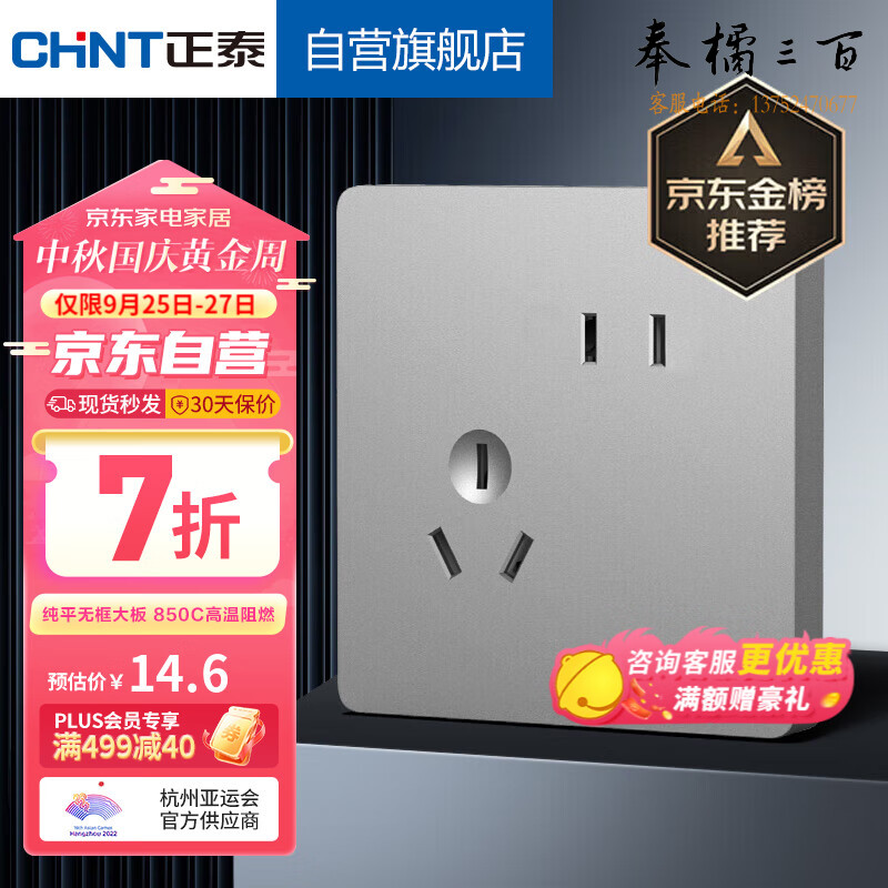 正泰（CHNT）开关插座面板86型墙壁插座10a二三插座暗装斜五孔插座NEW6C幻银灰
