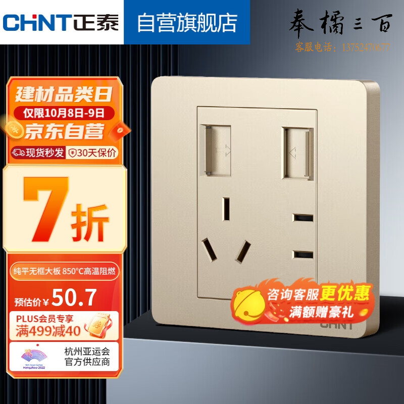 正泰（CHNT）墙壁面板家用86型  双USB电源插座  二极三极插座 开关插座  香槟金
