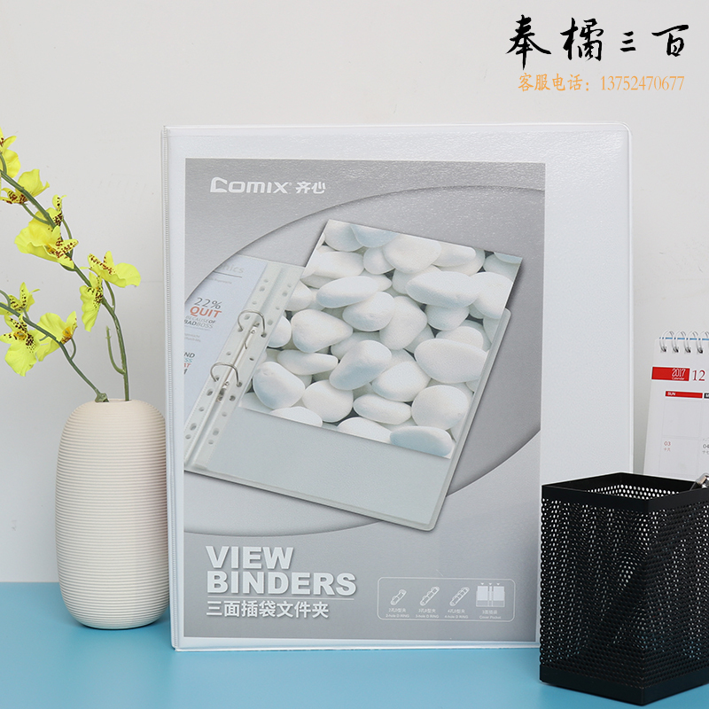 齐心（COMIX）A0213 易展示 美式三面插袋文件夹 A4 1.5寸3孔D型夹 白