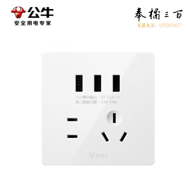 公牛 开关插座 G12墙壁插座五孔+3位USB