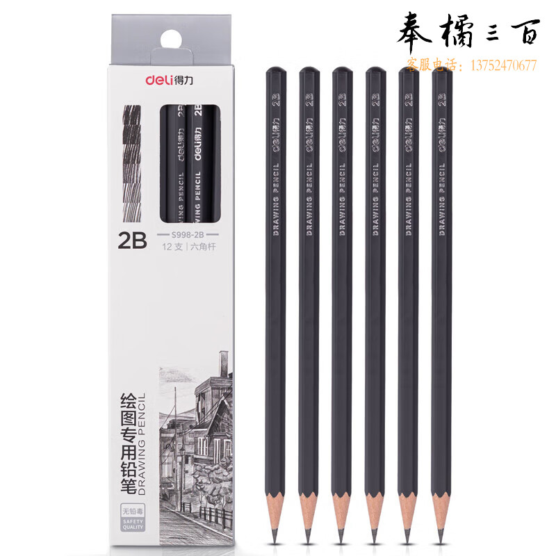 得力（deli） S998-2B  绘图铅笔2B素描铅笔学生六角杆书写黑铅初学者速写专用 12支/盒