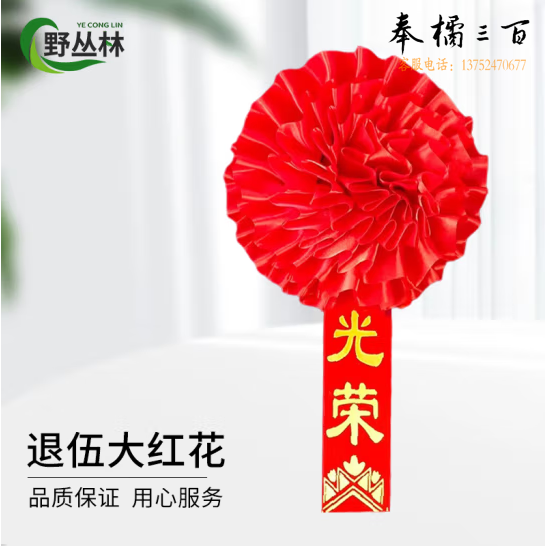 野丛林 退伍大红花光荣花 表彰胸花大红球退役礼仪带绶带 光荣直径19cm