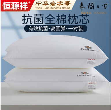 恒源祥全棉抗菌刺绣枕芯颈椎枕星级酒店枕头一对装升级高弹【中枕对装】 