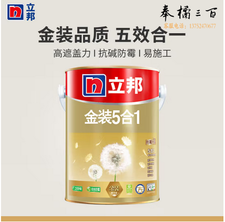 立邦漆 内墙乳胶漆油漆涂料墙面漆白漆 金装净味五合一 5L