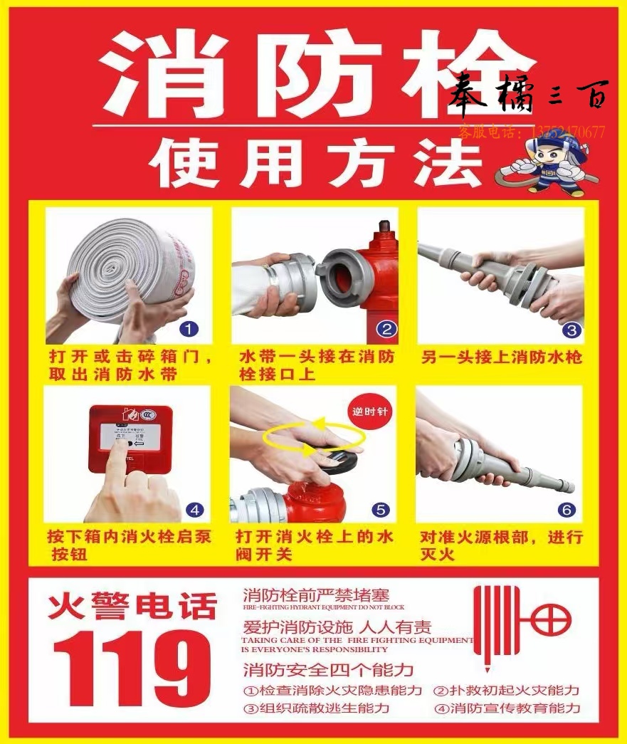 灭火器放置点消火栓消防栓手推灭火器使用方法标识标牌指示贴纸 竖版 大号40*60cm发光标志、铭牌